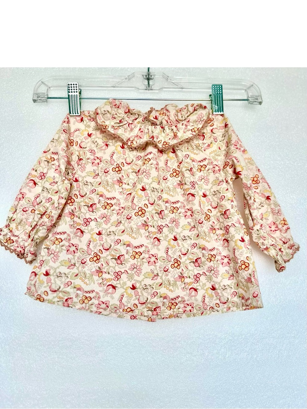 Cyrillus Pink Cream Floral Ruffle Collar Long-Sleeve Top